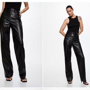 Mango leather effect high waist straight leg pants in black (US 6 / EUR 38)